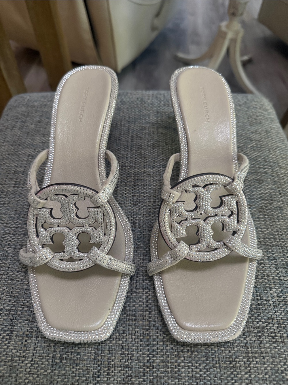 Tory Burch Champagne Miller Crystal-Embellished kitten heel